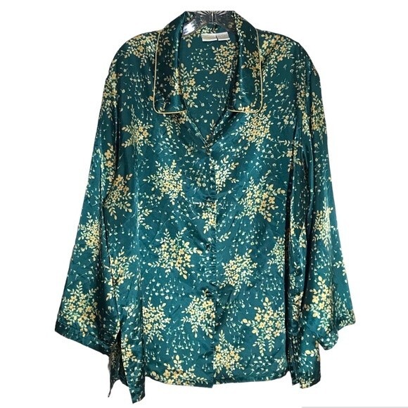 Gilligan & O'Malley Silky Collared Button Front Loungewear Pajama Top Green Gold - Picture 1 of 8
